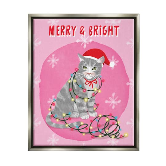 Stupell Industries Merry & Bright Christmas Cat Lights Framed Floater Canvas Wall Art